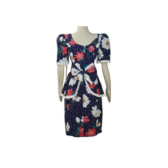 80s WHIZ Navy Multicolor Floral Print Flared Ruffle Peplum Dress Size 11/12 NWT - Picture 3 of 8